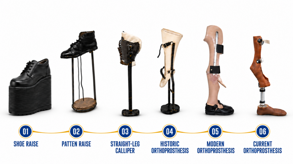 Six PFFD assistive-device configurations arranged from left to right: a shoe raise, patten raise, straight-leg calliper, historic orthoprosthesis, modern orthoprosthesis and current orthoprosthesis.